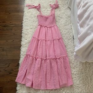 S Gingham Pink Maxi Dress Tie Shoulders